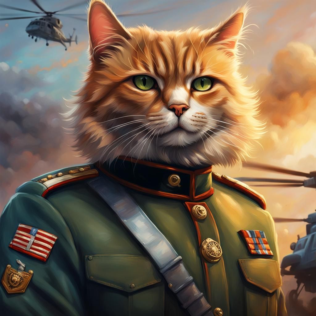 Hyperrealistic Cat General Oversees Cat War