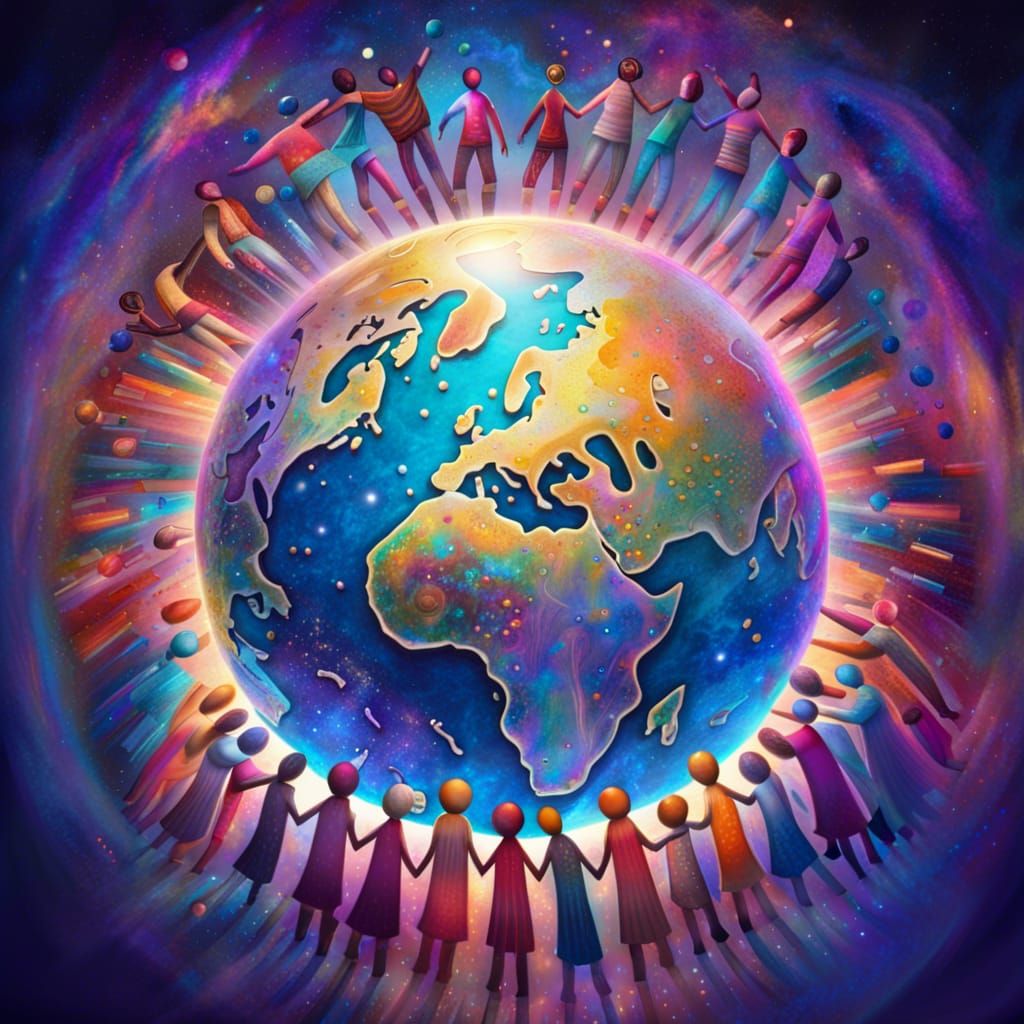 Portray a world of peace, and happiness, all cultures happil...