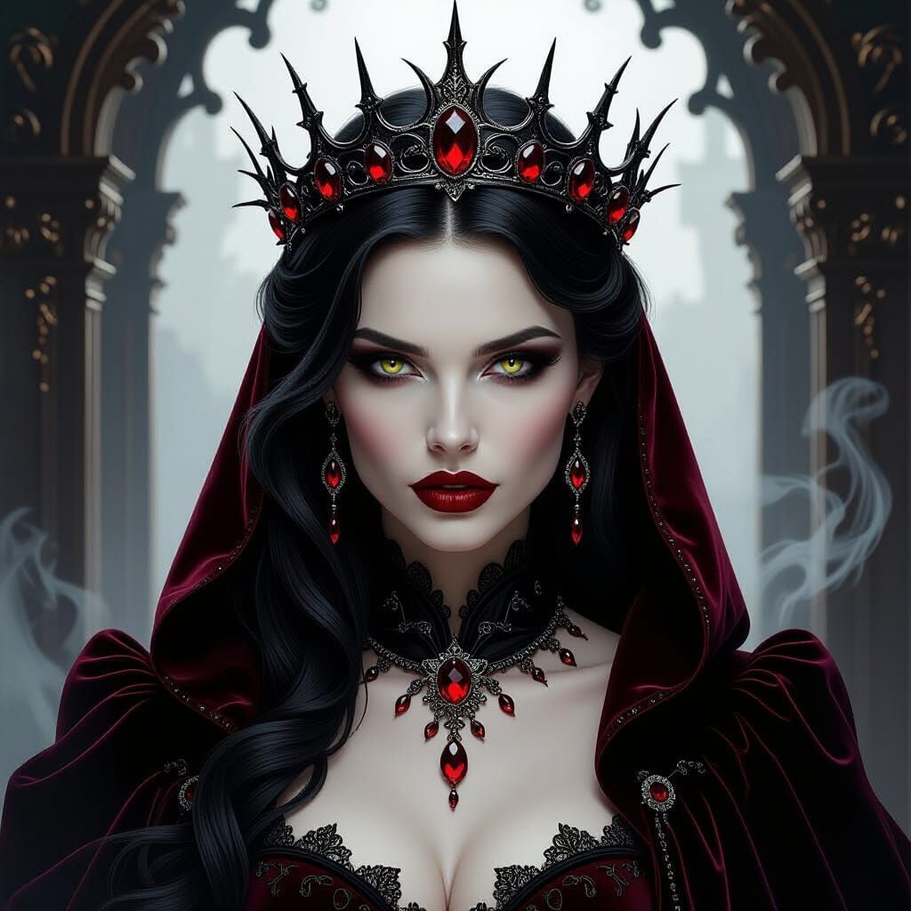 Regal Vampire Queen with Thorn Crown in Dark Fantasy Portrai...