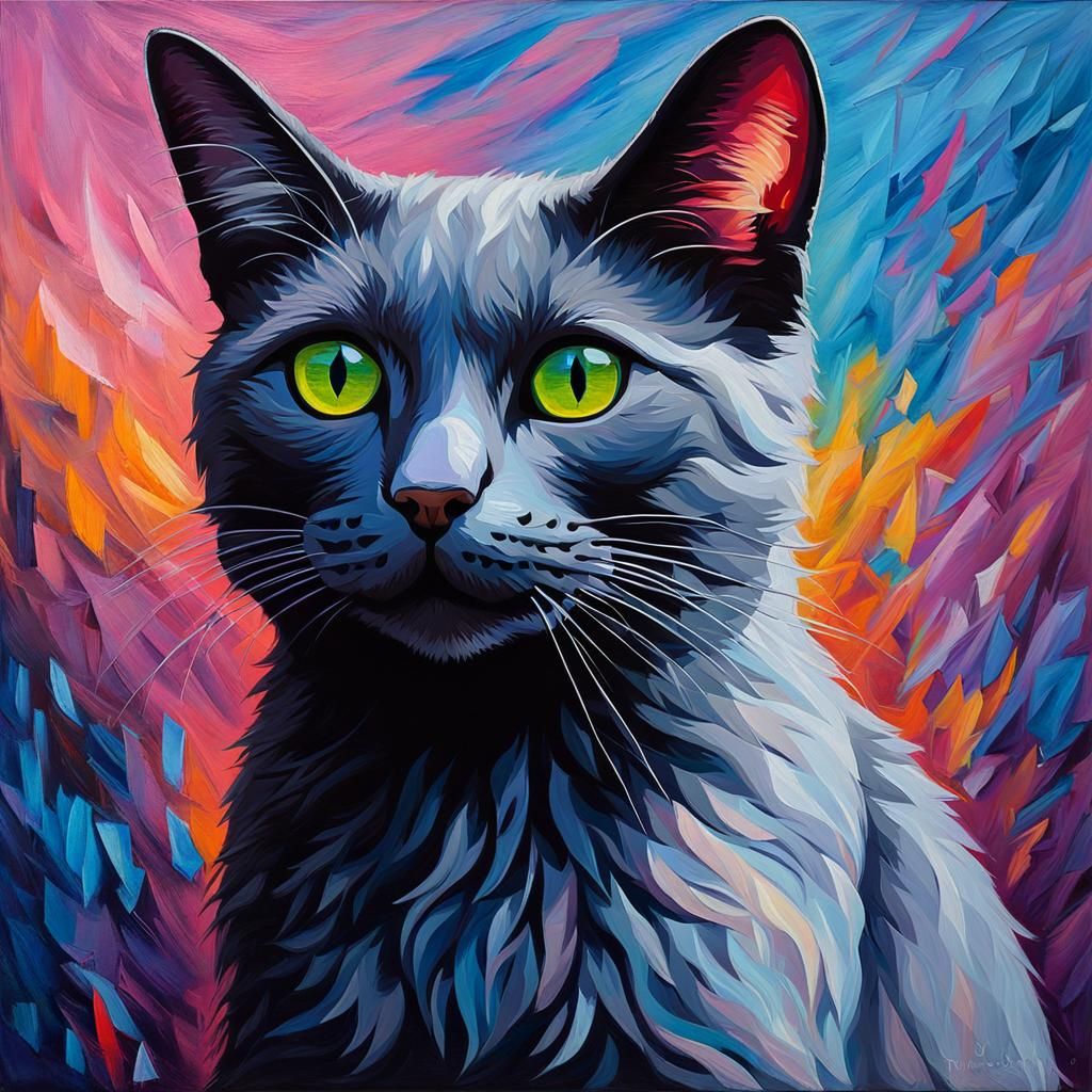 Iridescent Korat Cat Portrait in Expressionist Style