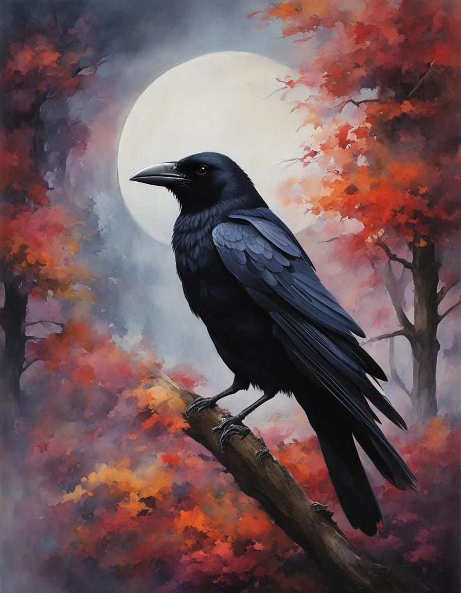 Surreal Crow in Gothic Gouache Style Under Moonlight
