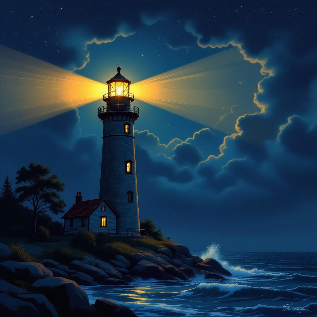 Majestic Lighthouse at Night in Romantic Realism Style