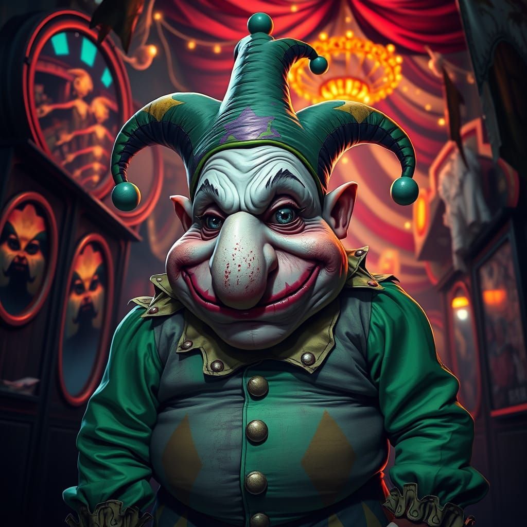 Grotesque Harlequin in a Haunting Carnival Setting