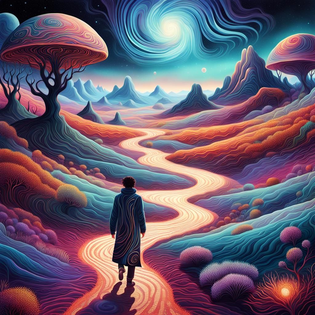 Ethereal Figure Emerges from Cosmic Dreamscapes