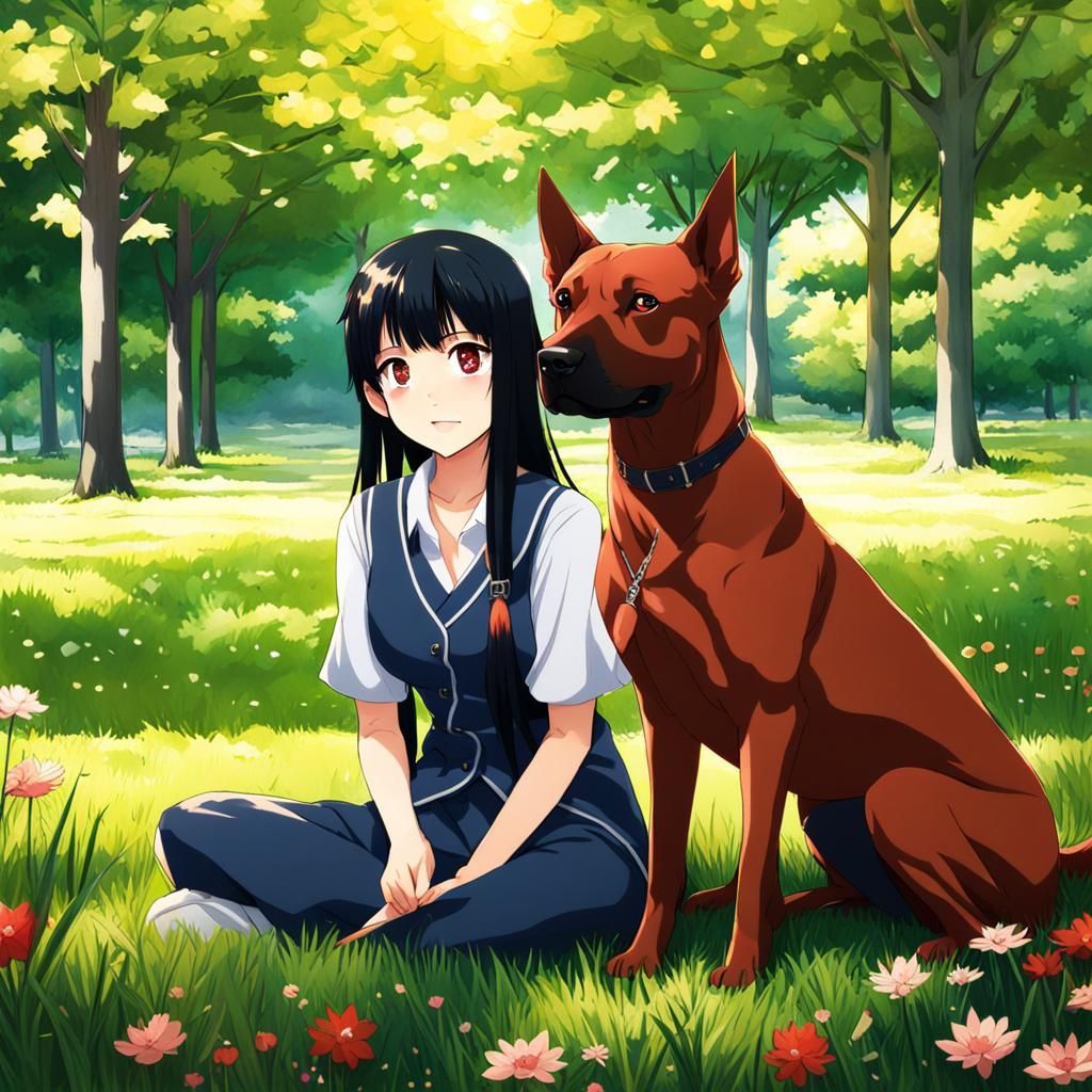 Anime Girls with Thai Ridgeback in Park
