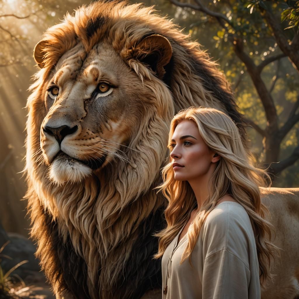 Woman and Lion in Golden Light: Digital Art