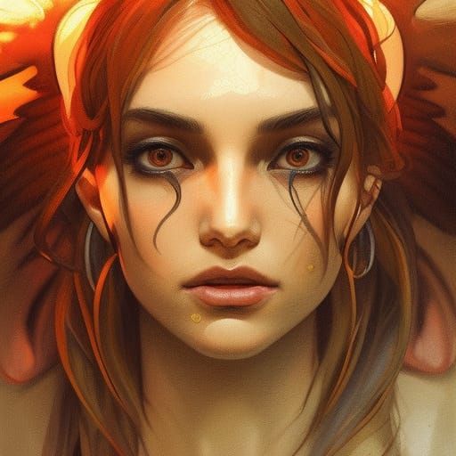 Detailed Portrait of Angelic Demon in Art Nouveau Style