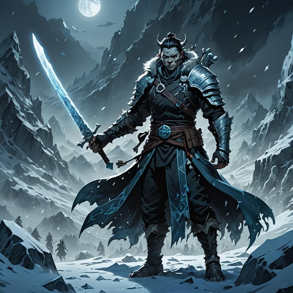 Demon Slayer with Ice Swords in Snowy Landscape