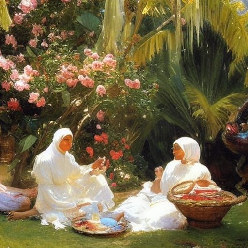 Luminous Painting of Women in Tropical Garden
