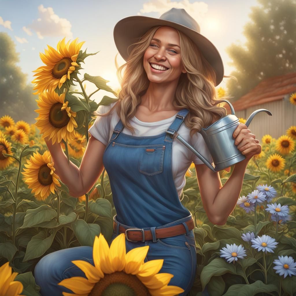 Woman Laughing in Sunflower Garden, Hyperdetailed Art