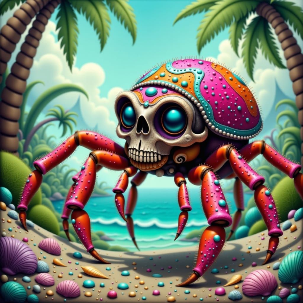 Psychedelic Hermit Crab in Skull Shell on Beach