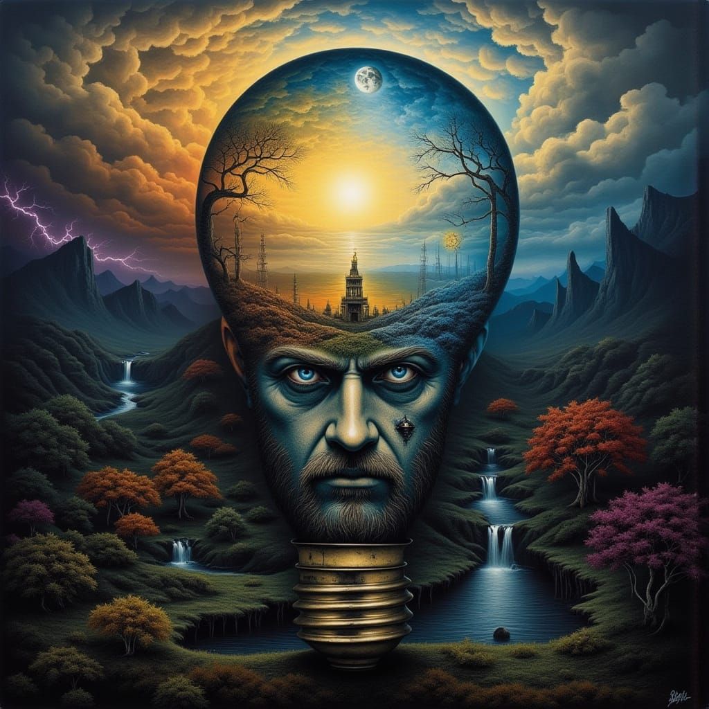 Man Holds World Inside Lightbulb: Surreal Sunset Garden