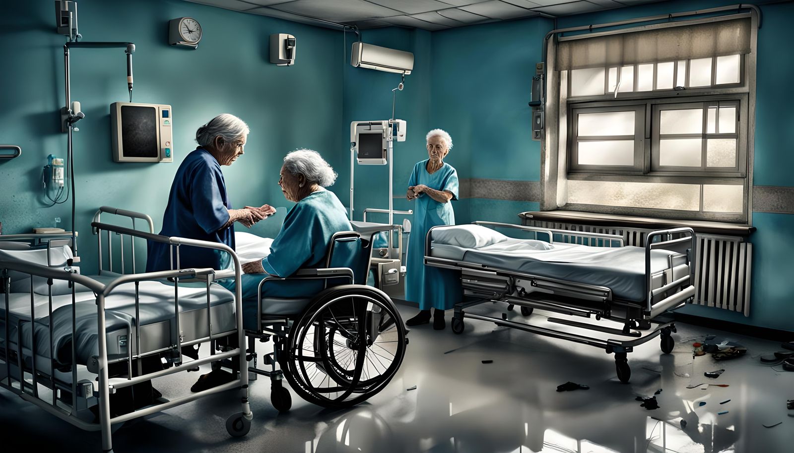 Hyperrealistic Hospital Ward Scene with Frail Women