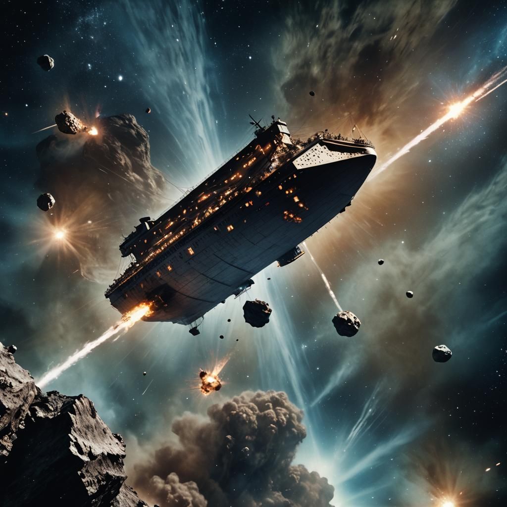 Titanic in Space Hits Asteroid: Cinematic Film Still