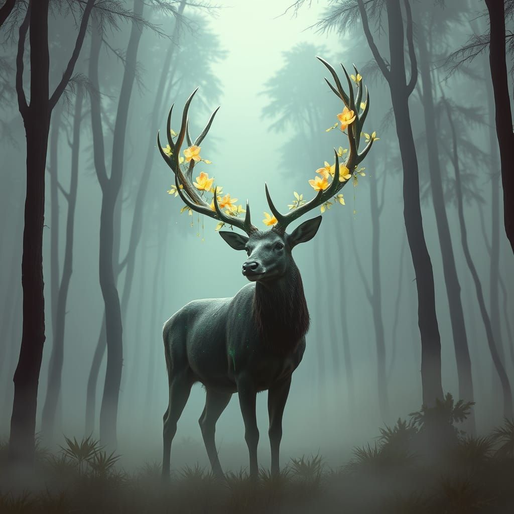 Bioluminescent Stag in Alien Jungle, Futuristic Art