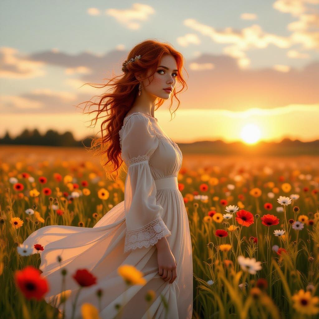 Anime Woman in Wildflower Field with Soft Glow