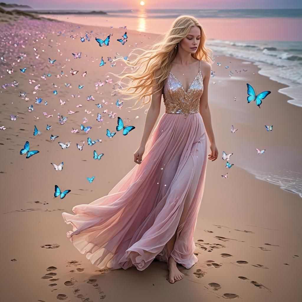 Ethereal Blonde Girl on Moonlit Beach in Pastel Hues