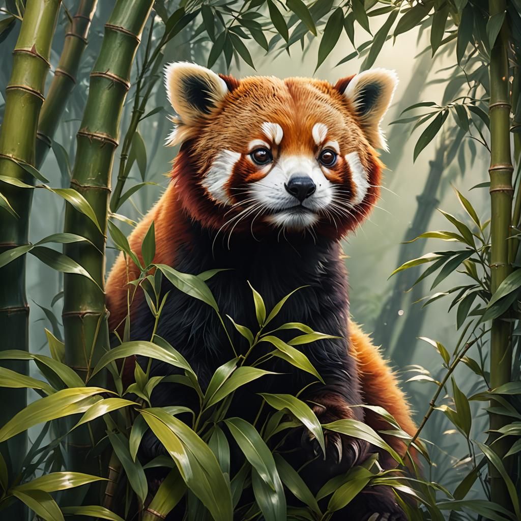 Red Panda Peeking Through Bamboo: Fantasy Art