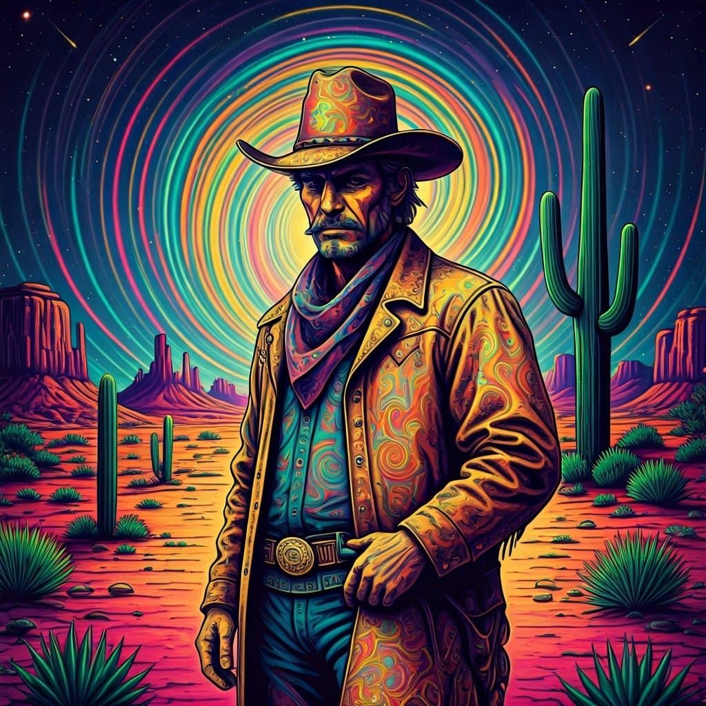 Psychedelic Cowboy in a Surreal Landscape