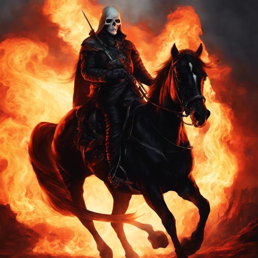 Ghost Rider behind him his rage and gallopping horse lit the...