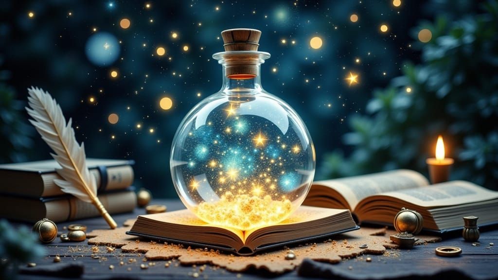 A whimsical storybook illustration of a curious potion glowi...