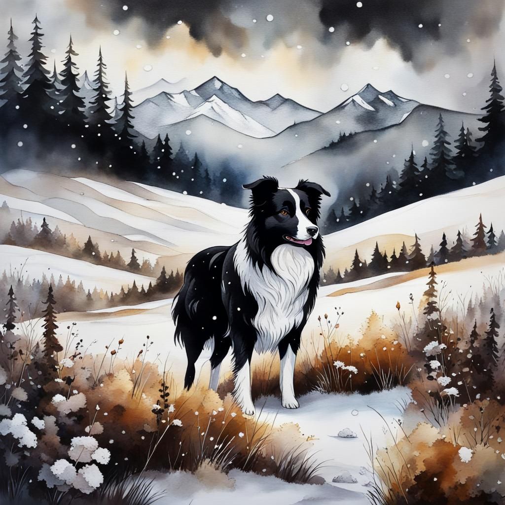 Border Collie Dog Herding Sheep in Snowy Mountains