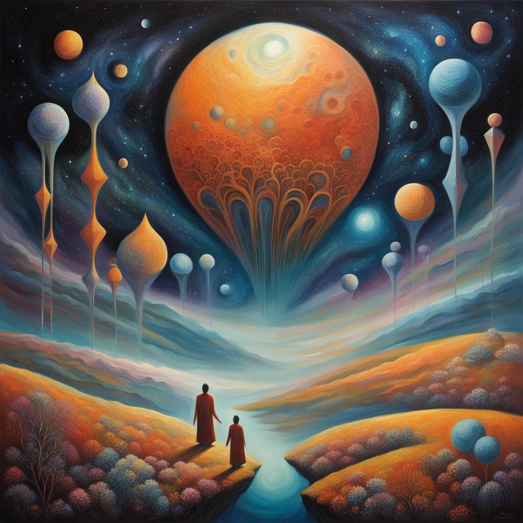 Cosmic Beings in Surreal Landscape