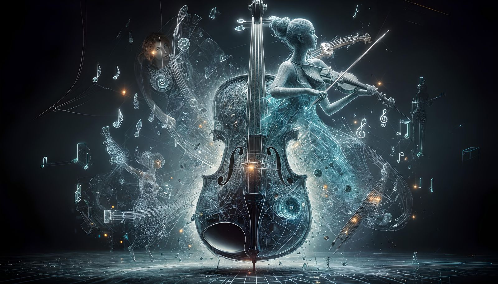 Violinist Emerges from Shattered Glass in Cyberpunk Style