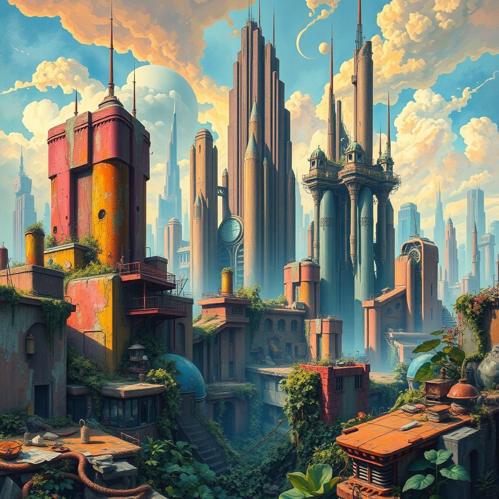 Retro-Futuristic Metropolis in Gouache Style