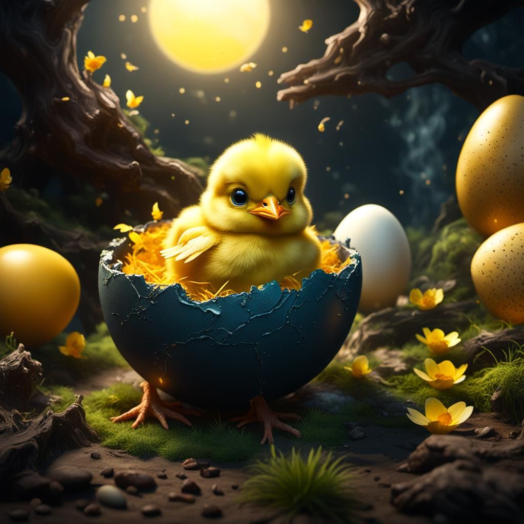 Yellow Chick Hatching: Detailed Fantasy Concept Art