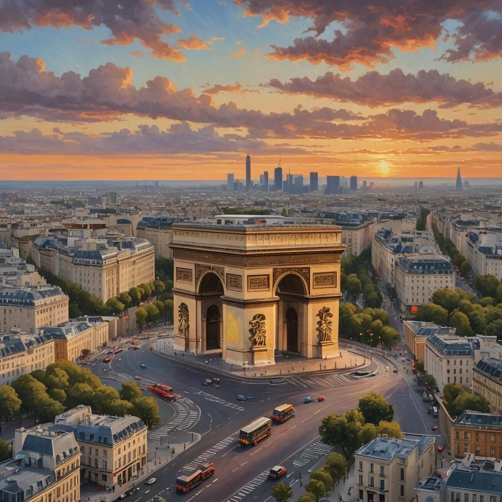 Hyper-Realistic Arc de Triomphe at Sunset in Vibrant Color