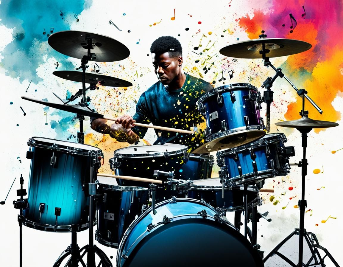 Drummer Portrait with Dissolving Music Notes in 3D