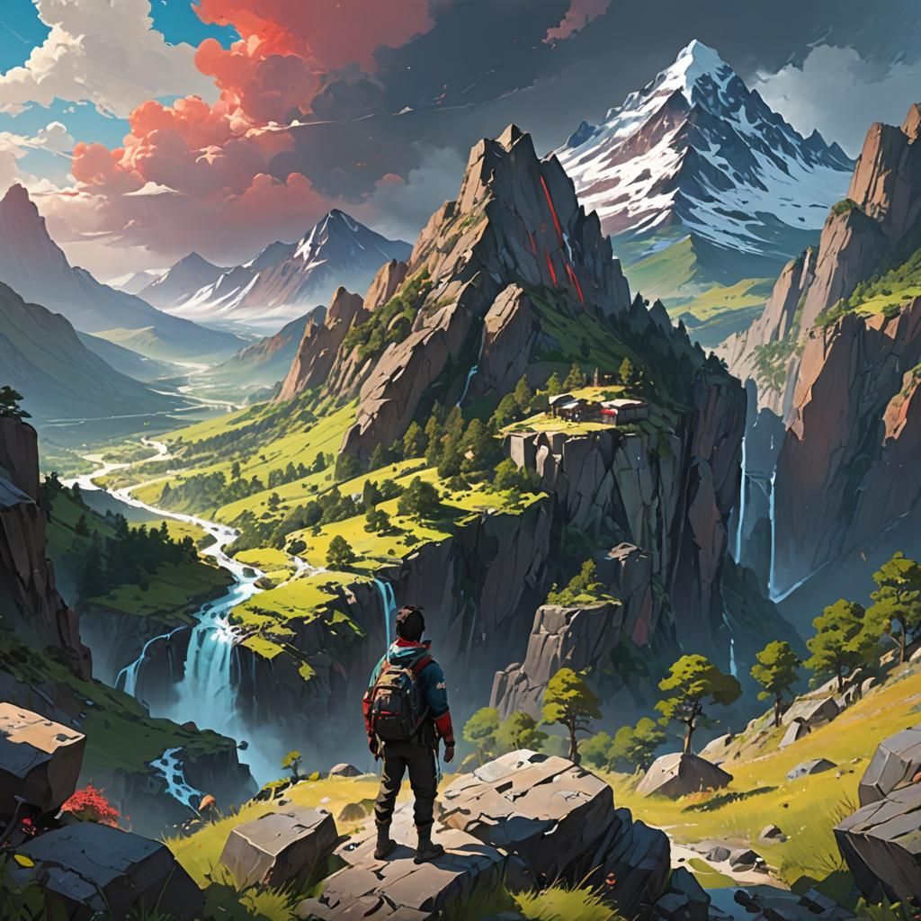 Anime Figures in Vivid Mountain Landscape