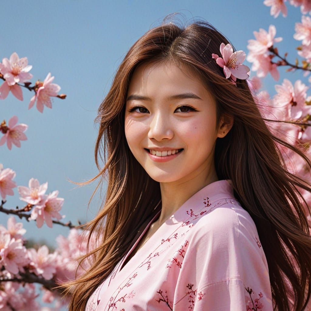 Fantasy Portrait of a Beautiful Woman in a Pink Sakura Wind