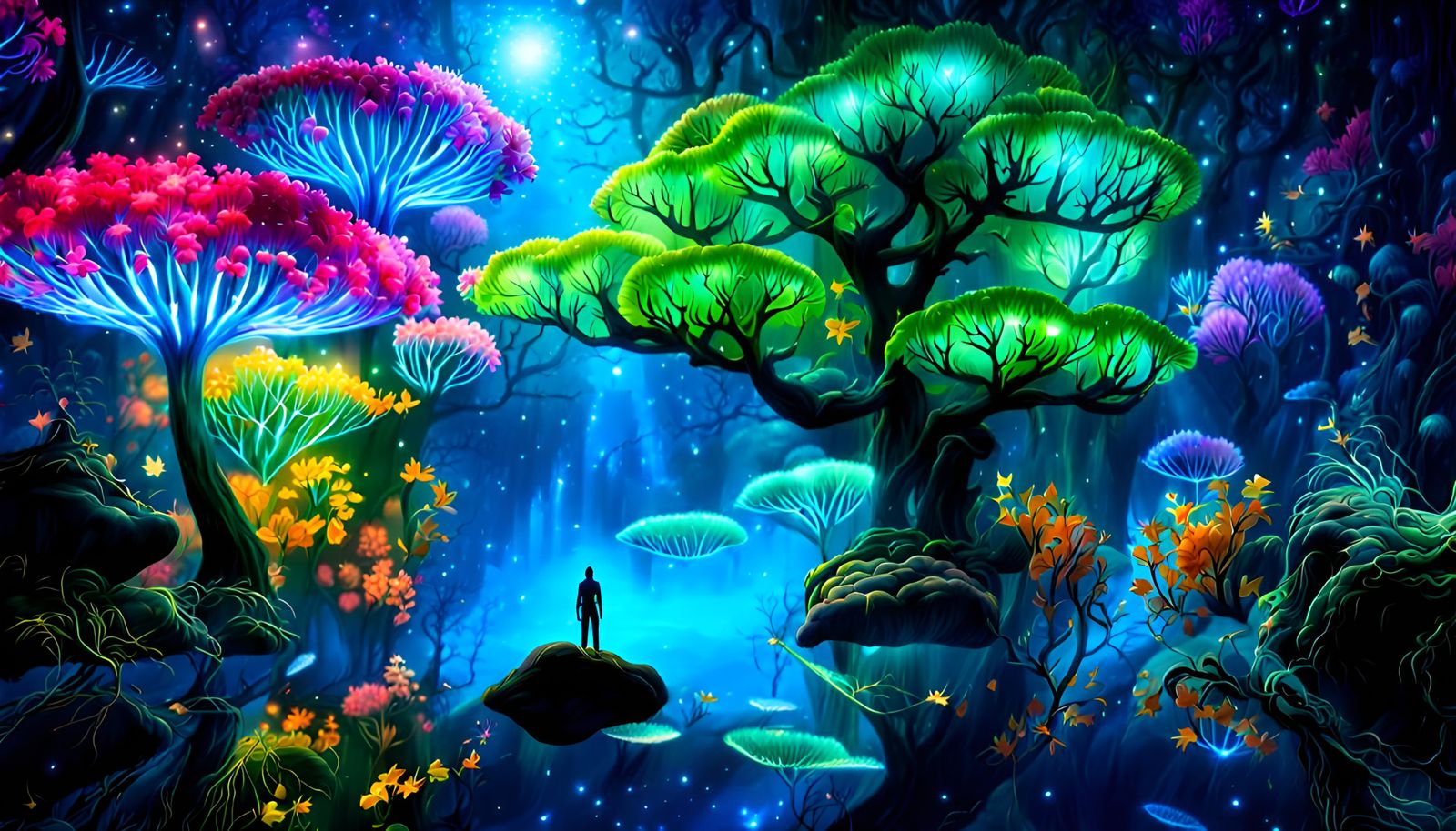 Bioluminescent Underwater Magic Forest with Galaxy Backgroun...