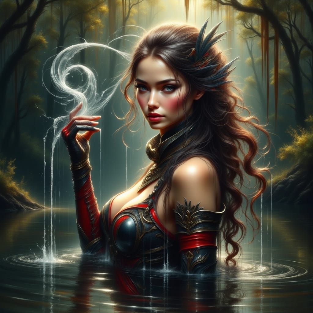 Ethereal Warrior Splashes Lake Water in Dark Fantasy Style