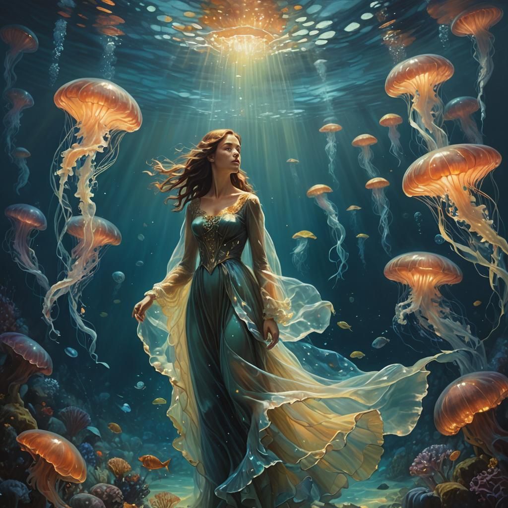 Underwater Woman with Glass Whale, Oil Painting