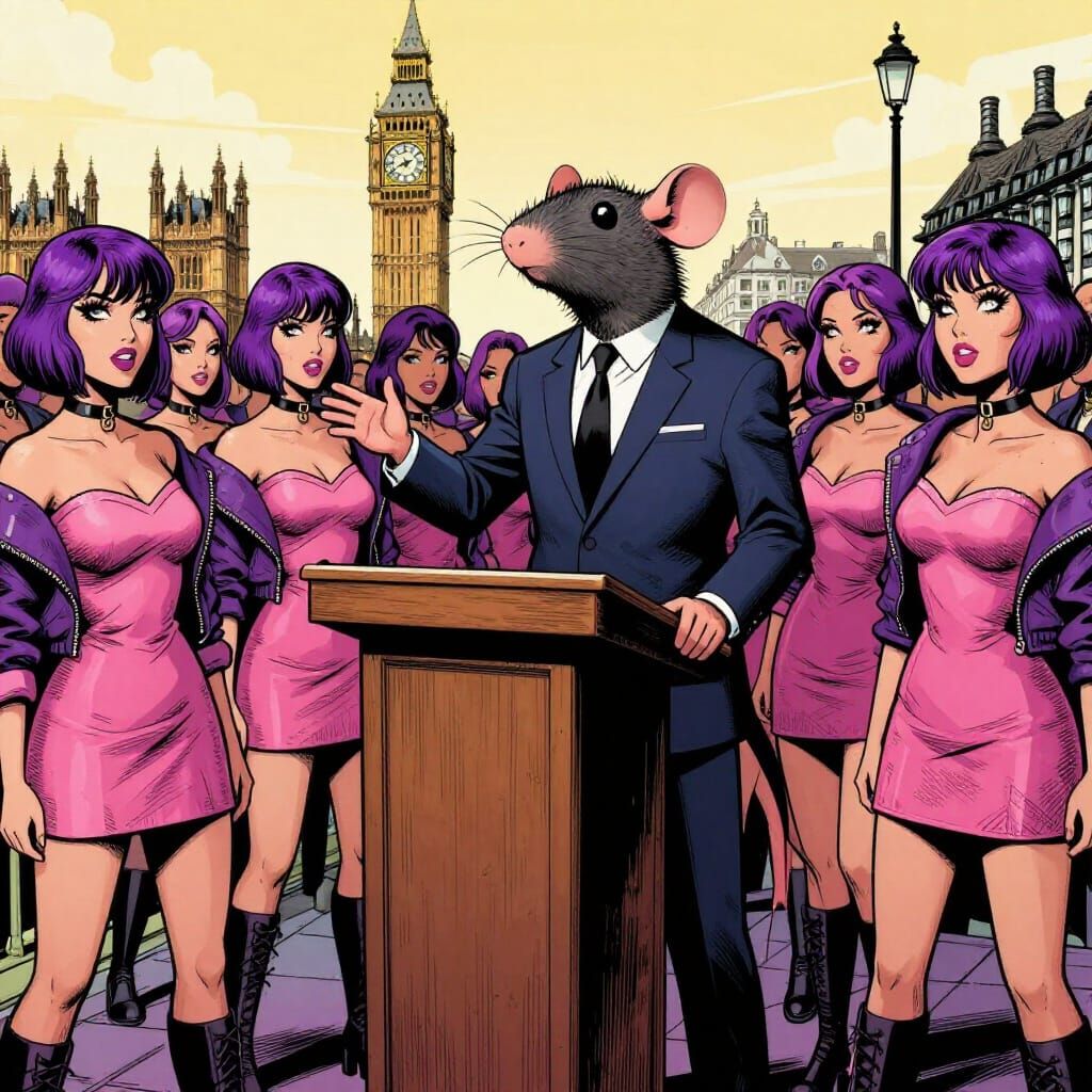Rat in Suit Addresses Crowd in Comic Book Style