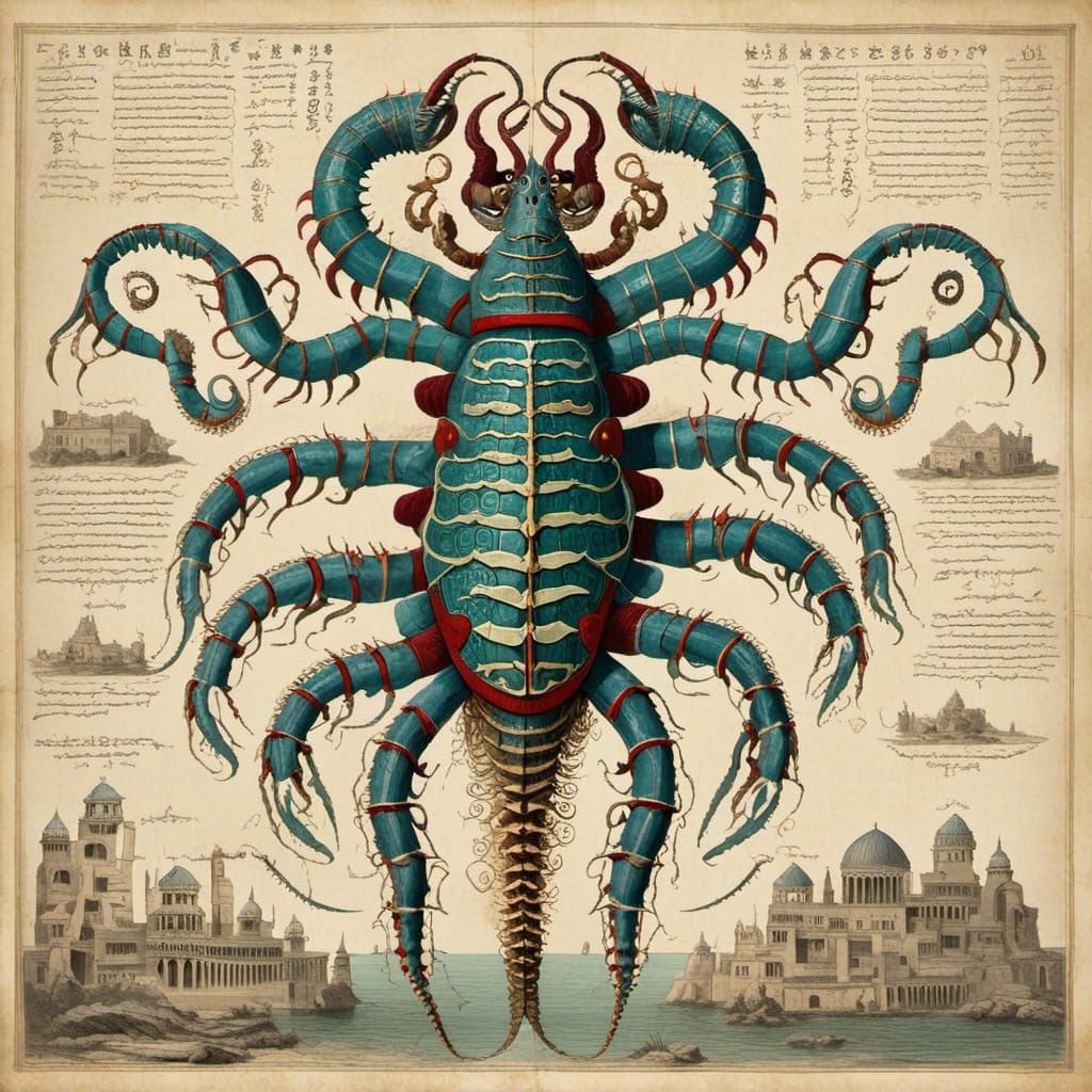 Colossal Hydra-Kraken Skeleton Diagram in Junji Ito Style