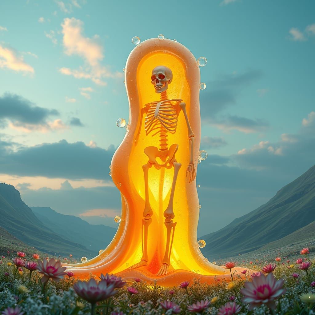 Colossal Multicolored Slime Embraces Skeleton in Dream Valle...