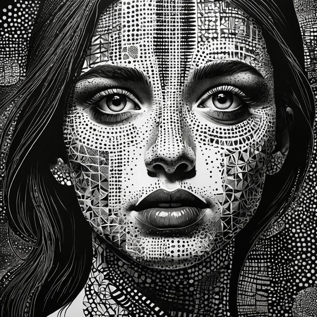 A pointillism illustration on Indian inm black and white scratch board of A monochromatic self portrait design inspired ...