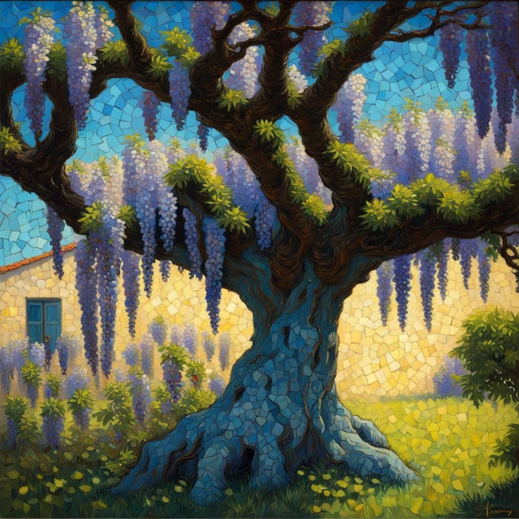 Mosaic Wisteria Tree in Post-Impressionist Style