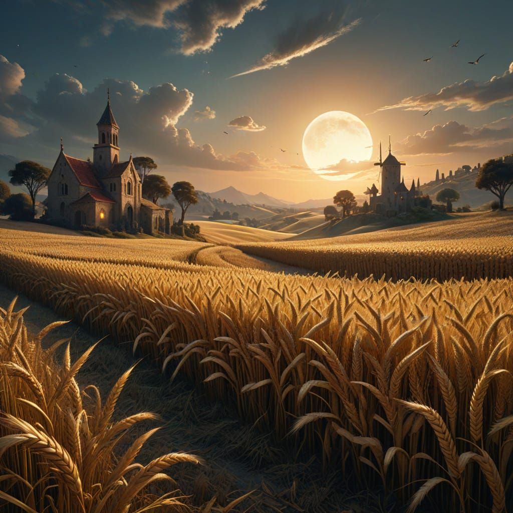 Golden Wheat Field under Crescent Moonlight in Mannerist Sty...