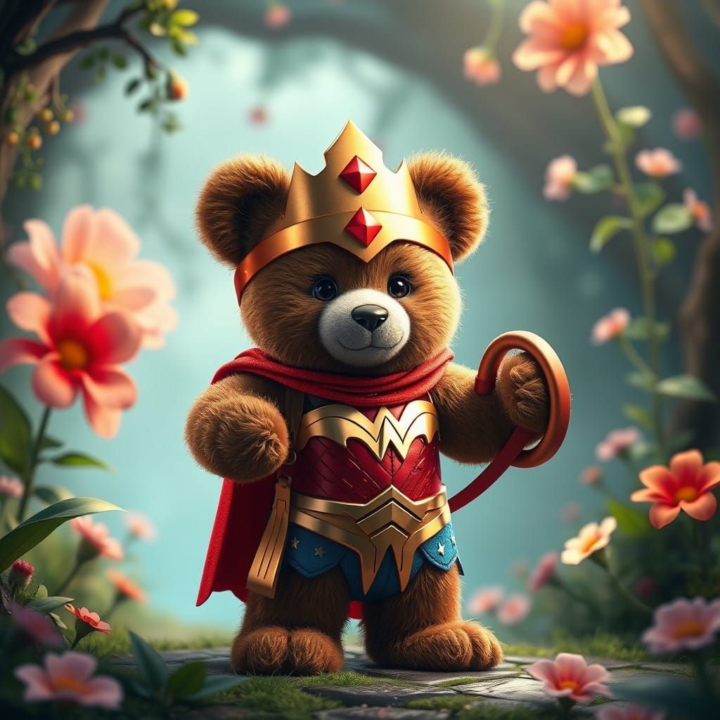 Heroic Teddy Bear in Wonder Woman Costume, Fantasy Landscape