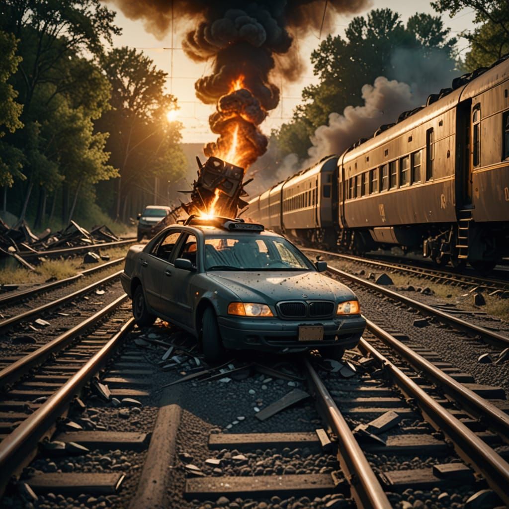 Dramatic Train Crash Scene in Cinematic Style