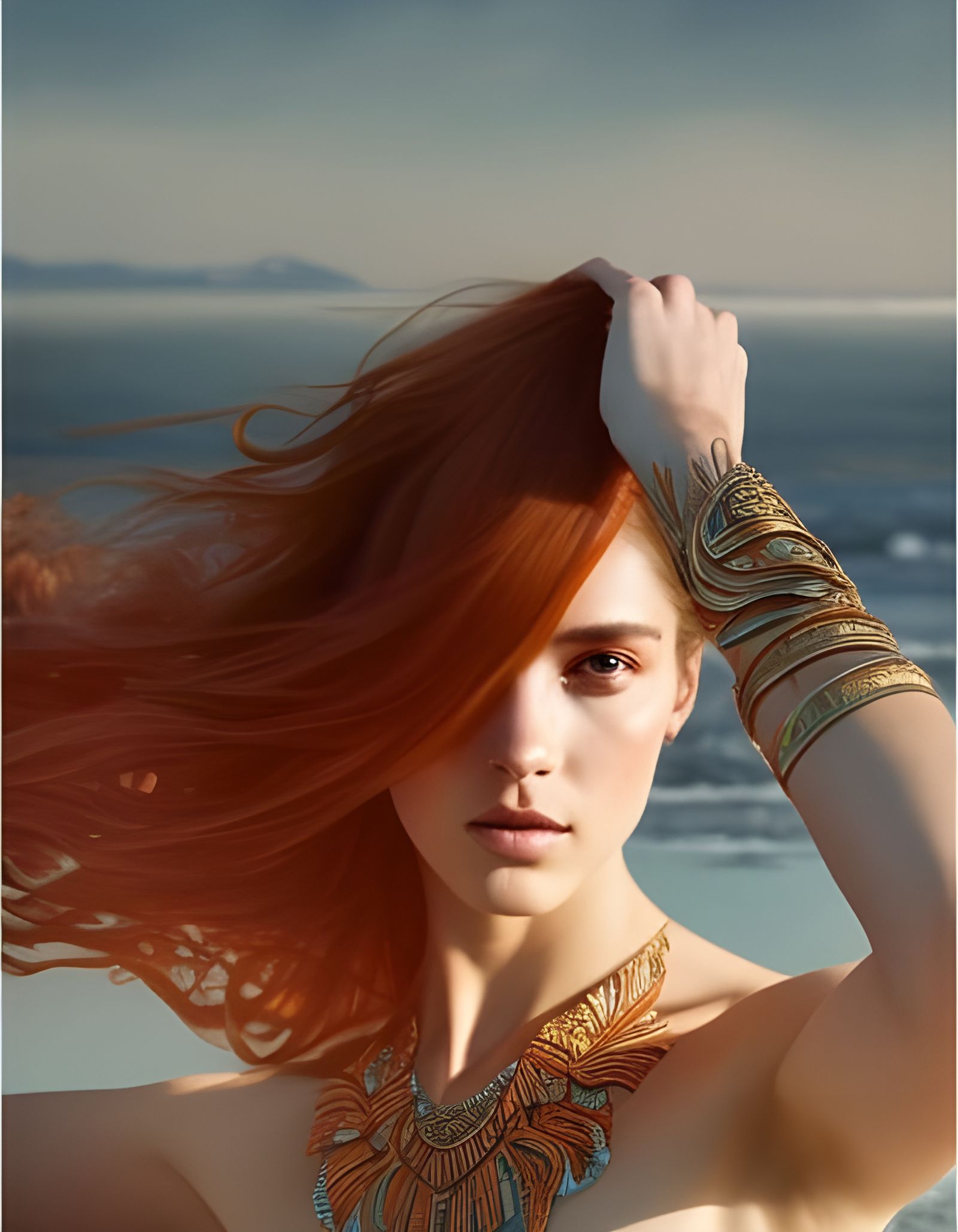 Goddess with Orange Hair on a Beach, Art Nouveau Style