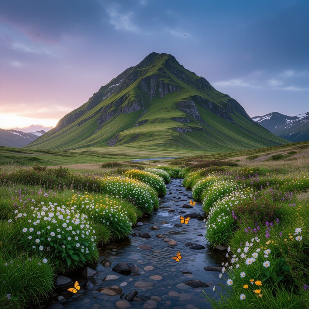 Mountain Stream at Dusk with Flowers and Butterflies