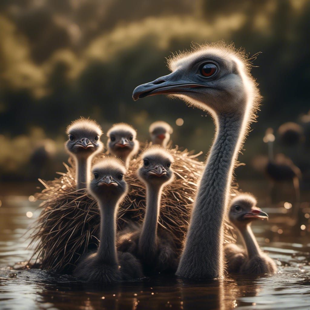 Ostrich Family at Pond in Hyperrealistic Style
