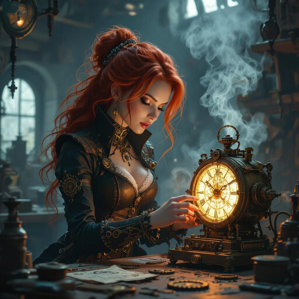 Steampunk Woman Examines Clockwork Device