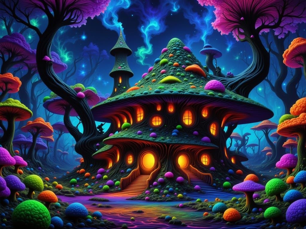 Fluorescent Baba Yaga Hut in Stoner Art Style